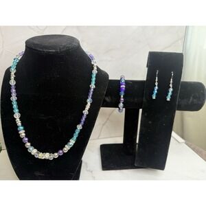 blue, purple, silver beaded jewelry set handmade necklace, bracelet and earrings